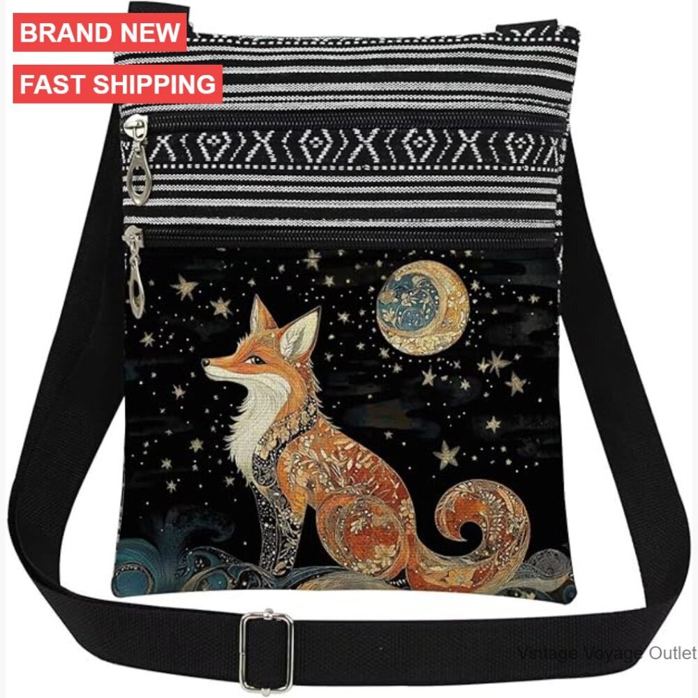 Adjustable Crossbody Bag with Fox Print, Dual Compartments, Lightweight
